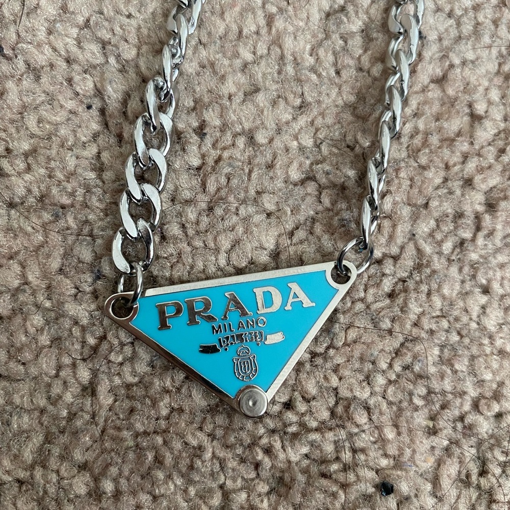 Repurposed prada tag necklace in blue with silver chain